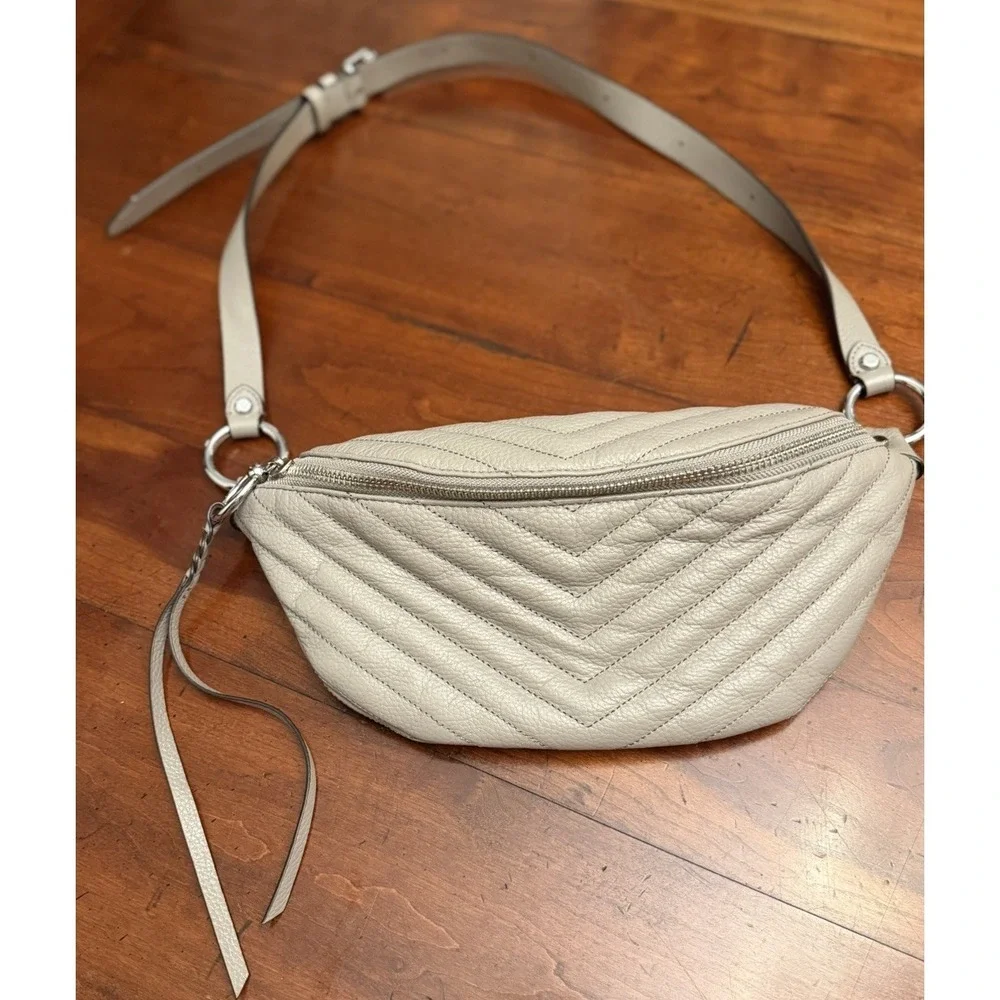 Rebecca Minkoff Edie Leather Sling Belt Bag Quilted Chevron Fanny Pack Taupe